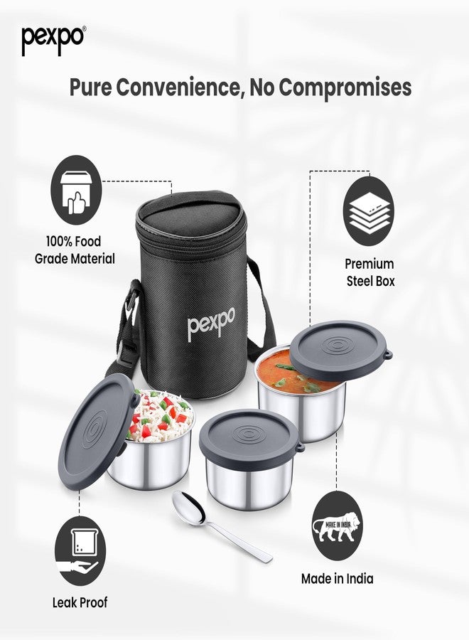 PEXPO Eco Pro-3 Stainless Steel Lunch Box for Men & Women, with 3 Air-Tight Containers (280ml Each), Spoon & Bag - Black | Easy to Carry & Durable Tiffin Box for Office, School, College - Image 3